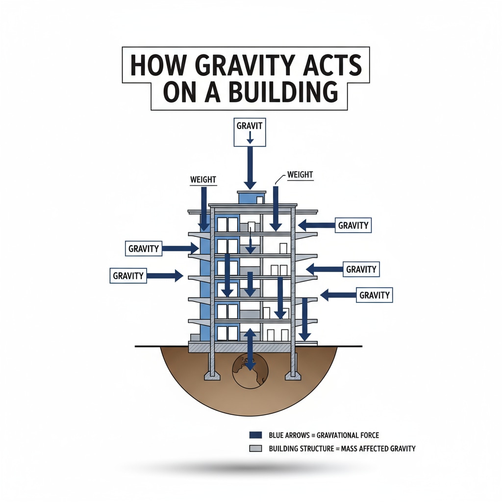 A simple diagram showing a building and arrows representing gravity's pull Diagram of gravity's pull on a building related to time and height