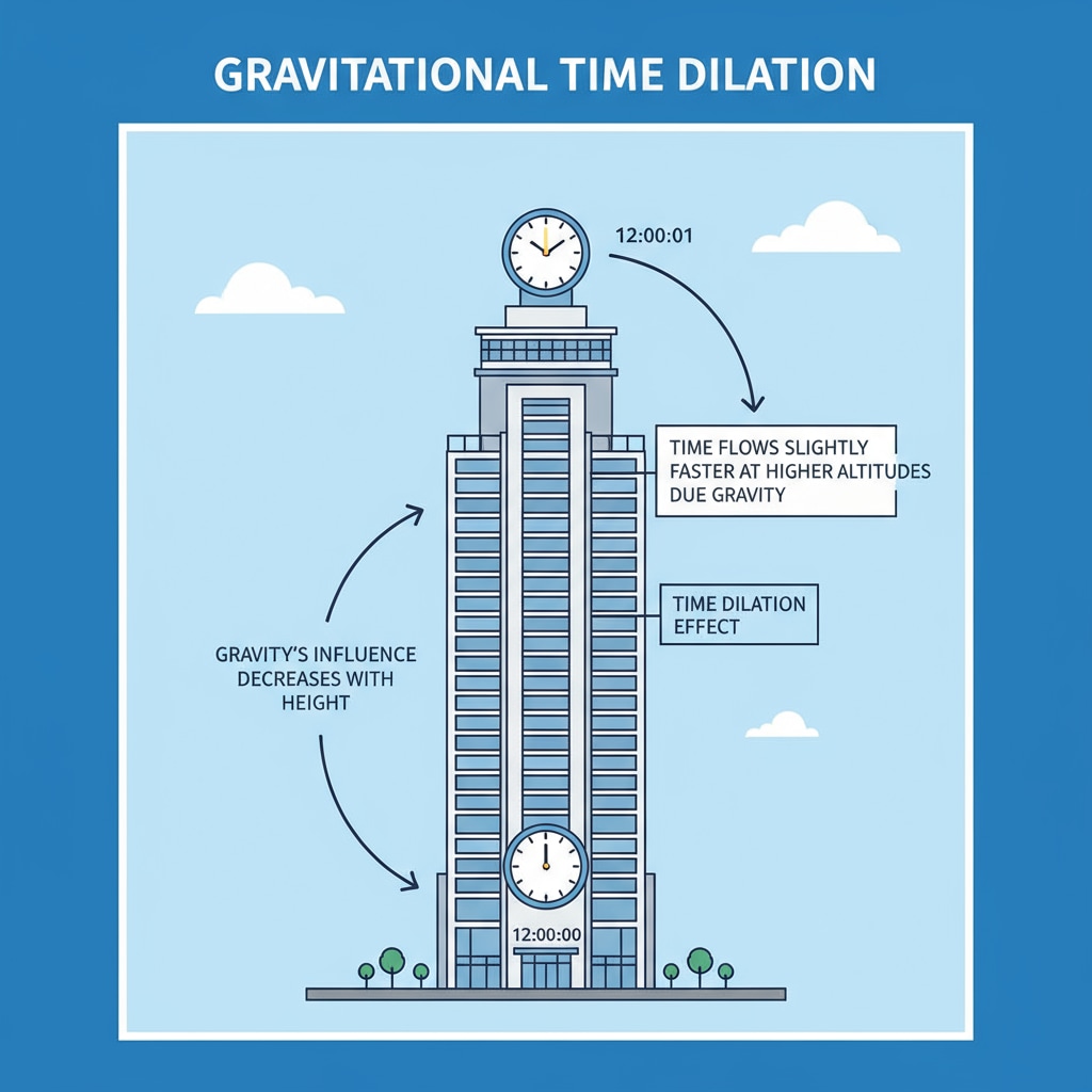 A comparison diagram showing a clock at the top and bottom of a building with arrows indicating the difference in time flow Comparison of time flow at different heights of a building due to gravity