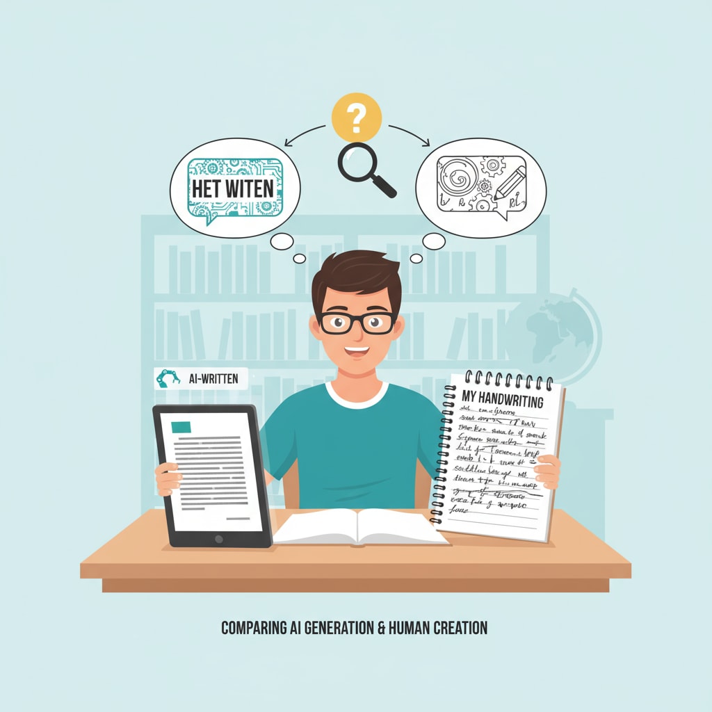 A student comparing an AI-written passage with their own handwritten work to understand the differences. A student comparing AI and human writing to learn about authenticity and style.