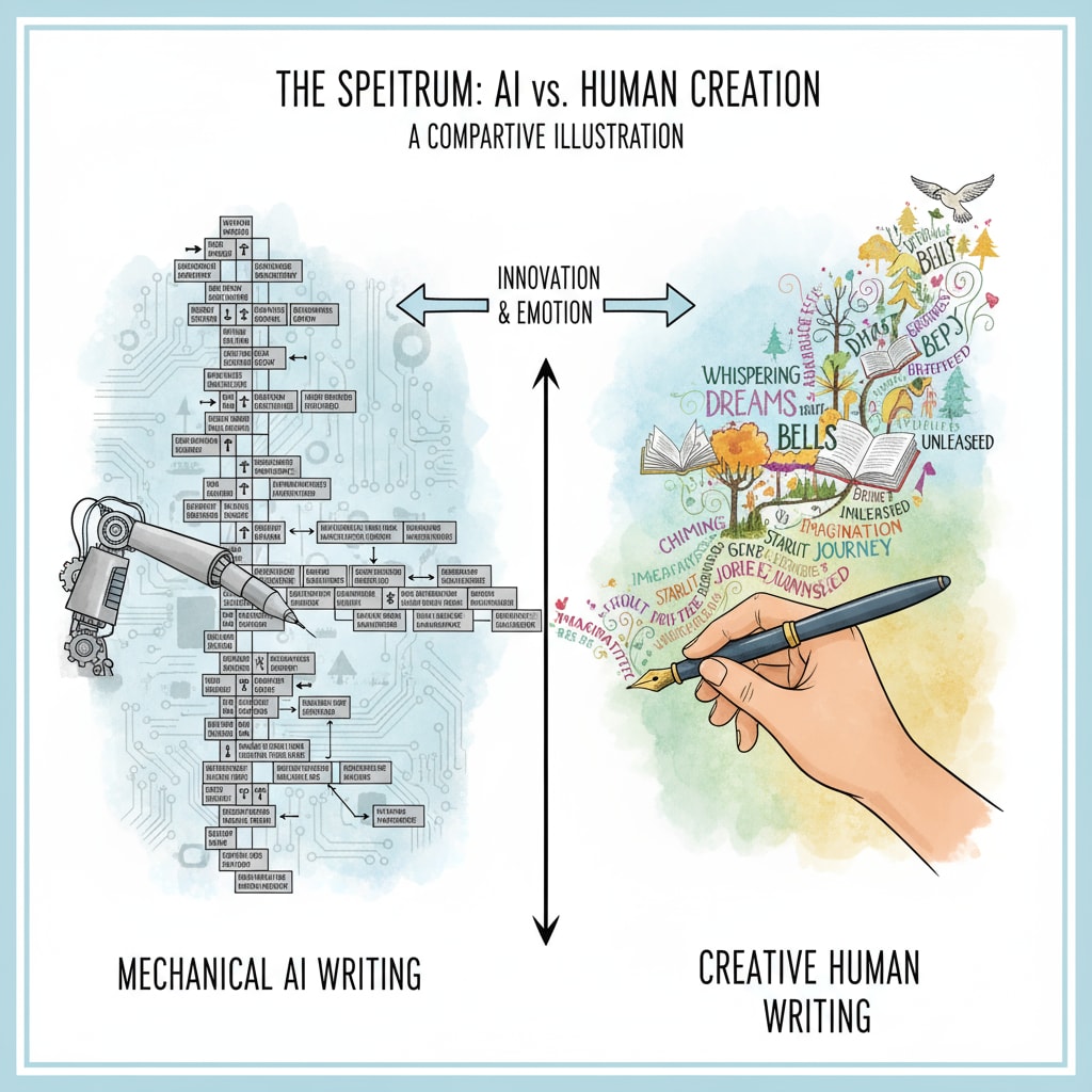 A visual representation highlighting the contrast between mechanical AI writing and creative human writing. Visual contrast between AI and human writing to show the essence of authenticity and style.