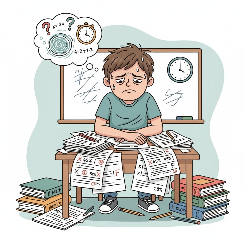 A stressed student due to standardized testing in the American education system reflecting cultural flaws