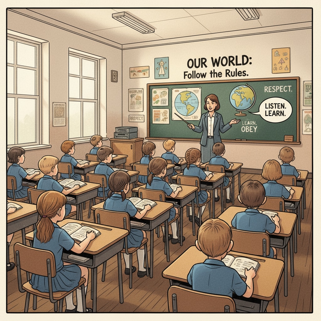 A traditional classroom setup with students sitting in rows, following the teacher's instructions, highlighting the obedience - centered nature of the school system. A classroom scene depicting the obedience - focused school system that may be stifling curiosity