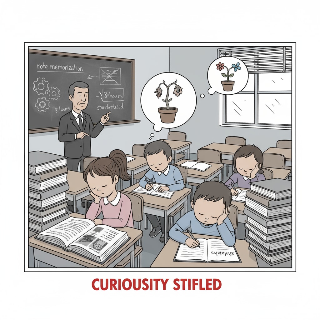A group of students looking uninterested in a classroom, showing the negative impact of the current school system on students' curiosity. Students in a classroom showing signs of lost curiosity due to the existing school model