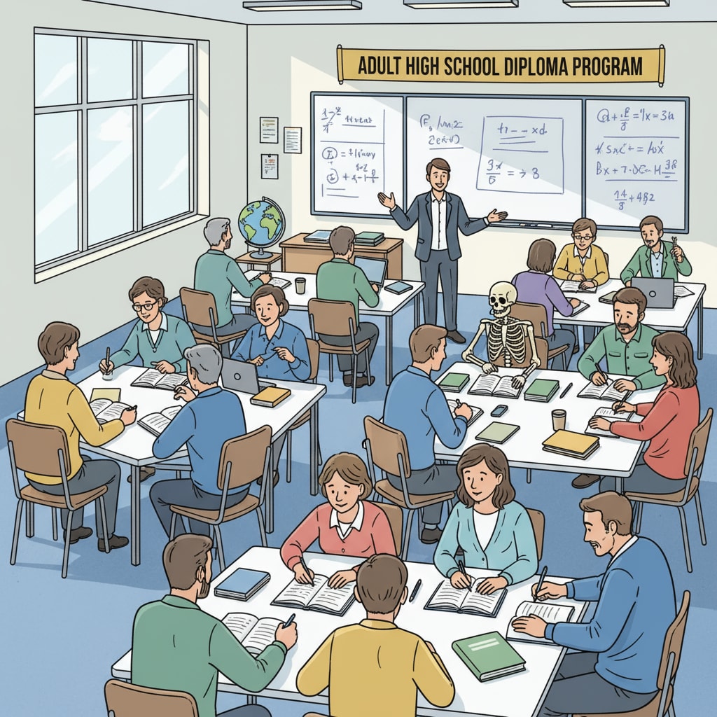 A classroom filled with adult students engaged in studying for their high school diplomas, showing an in-person learning environment. Adult students studying for high school diplomas in a classroom