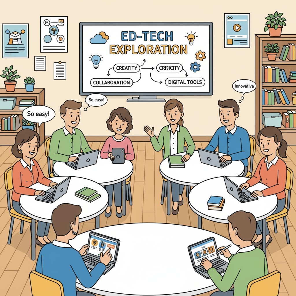 Teachers exploring educational technology tools in a training session related to educational technology tools, information channels, and teacher adoption