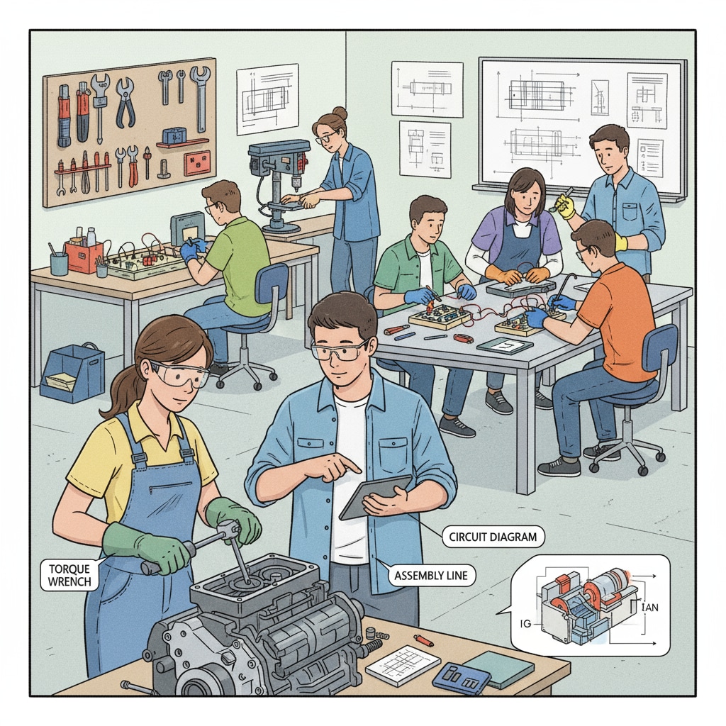 Students are actively engaged in a vocational training workshop, learning practical skills like using tools and assembling components. Students in vocational training learning practical skills related to career choices and employment prospects