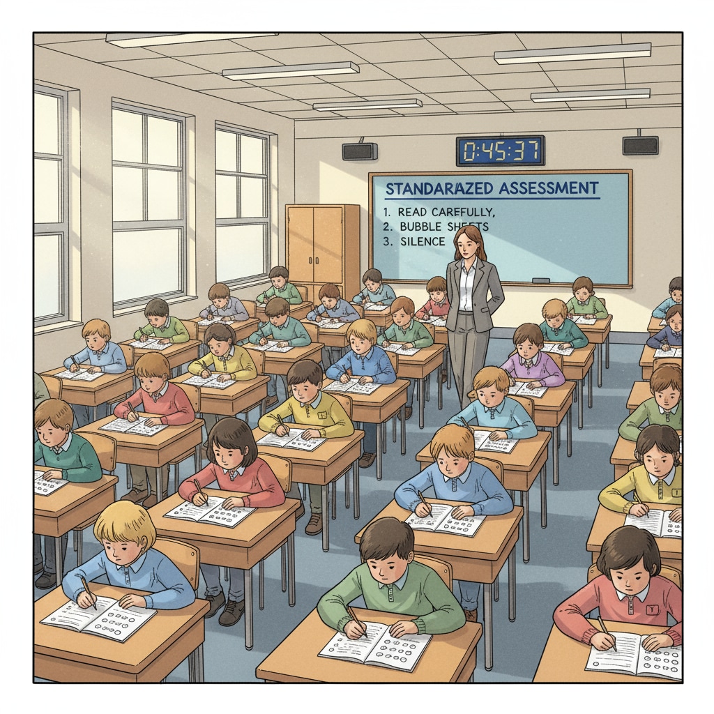 A classroom scene where students are taking a standardized test, with desks neatly arranged and students concentrating on their papers. Classroom scene during a standardized test as a result of NCLB Act's educational accountability measures