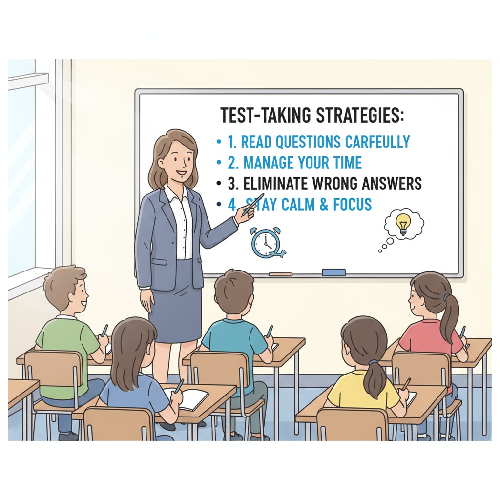 A teacher is standing in front of a whiteboard, explaining test-taking strategies to a group of students. Teacher explaining test-taking strategies due to NCLB Act's impact on educational transformation