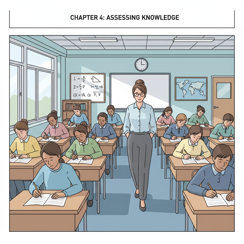 A group of students are sitting at desks, focused on their tests. An invigilator is walking around the room, observing attentively. K12 test invigilator observing students during a test