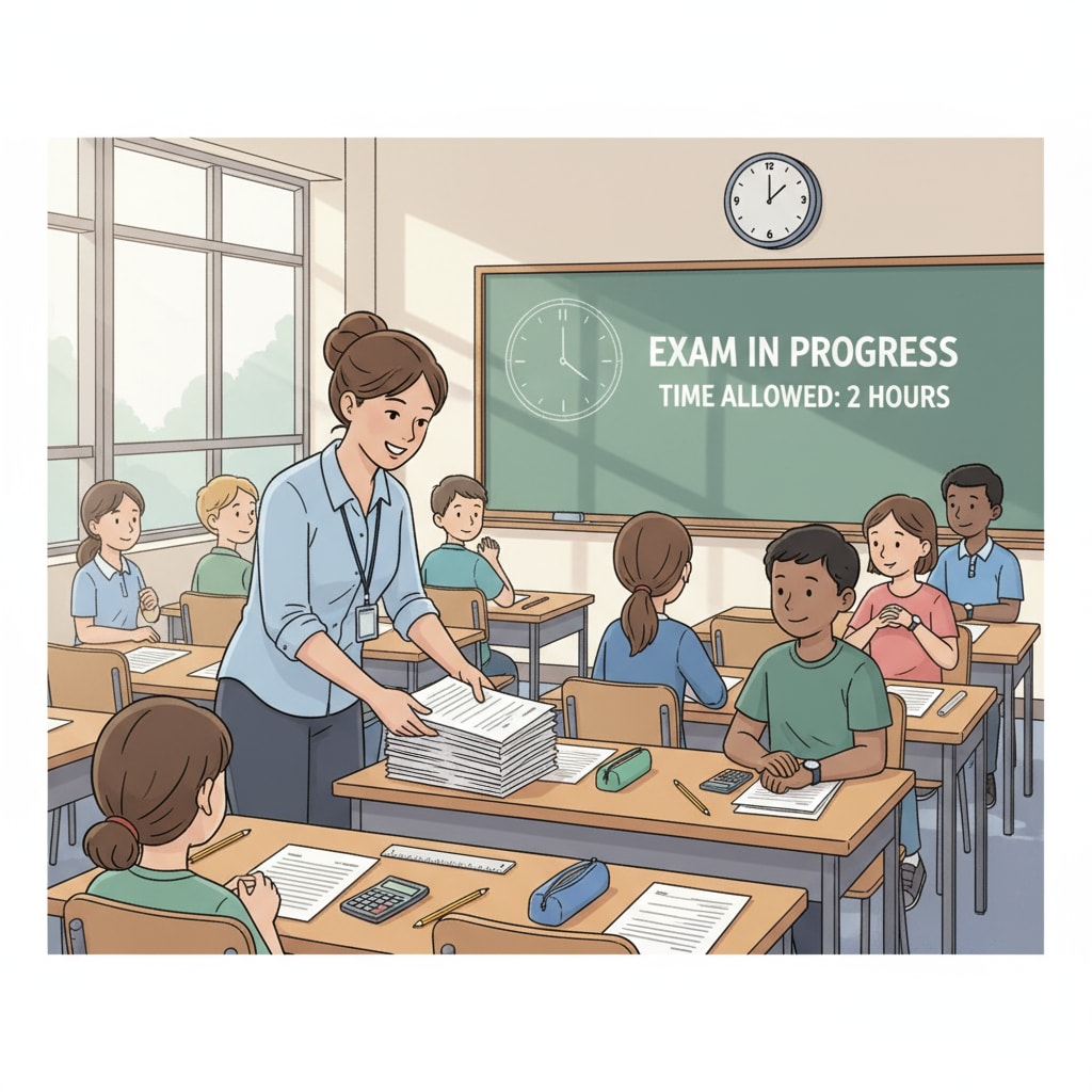 An invigilator is carefully placing test papers on each desk, making sure everything is in order. K12 test invigilator preparing test materials