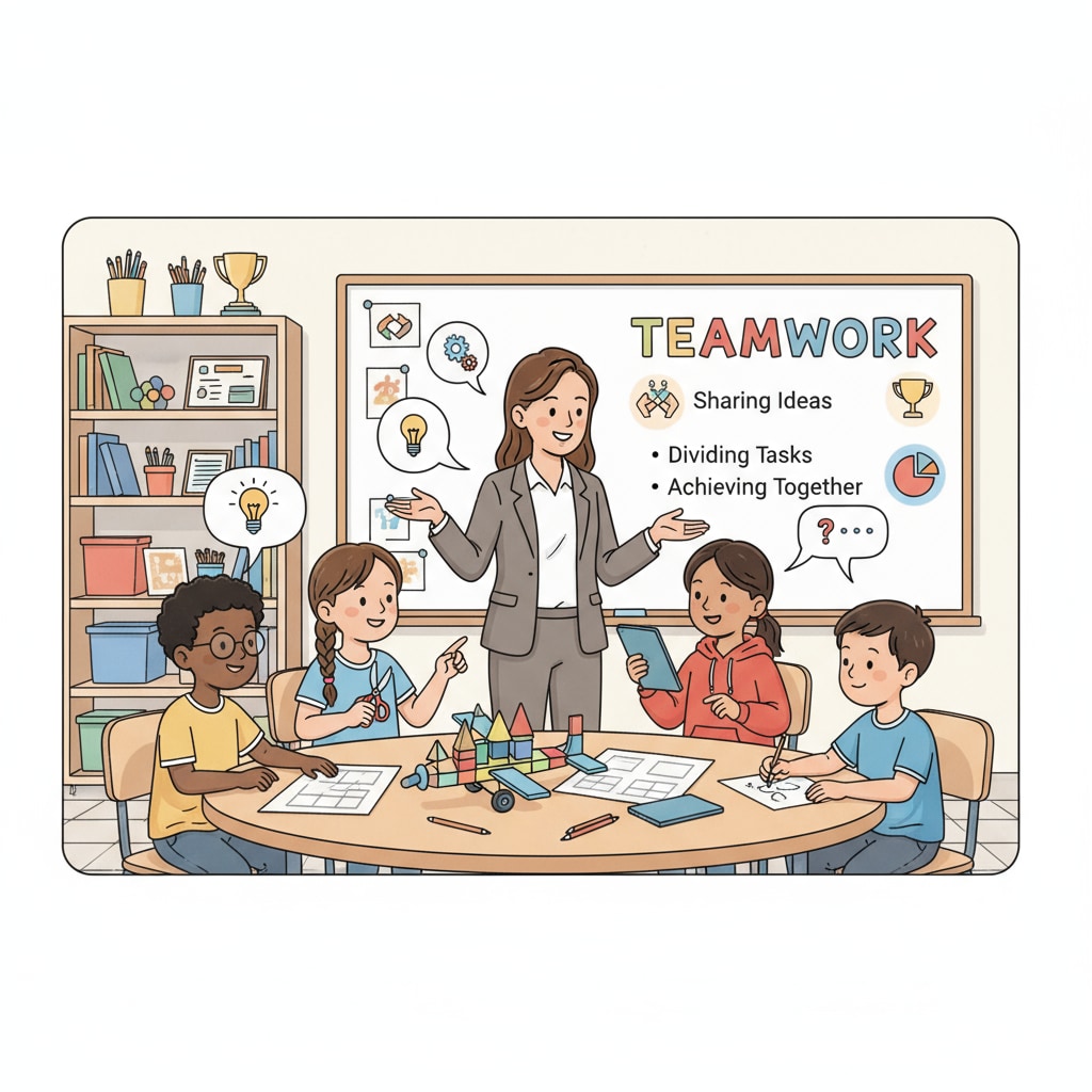 Teacher guiding students in a teamwork activity for soft skills development