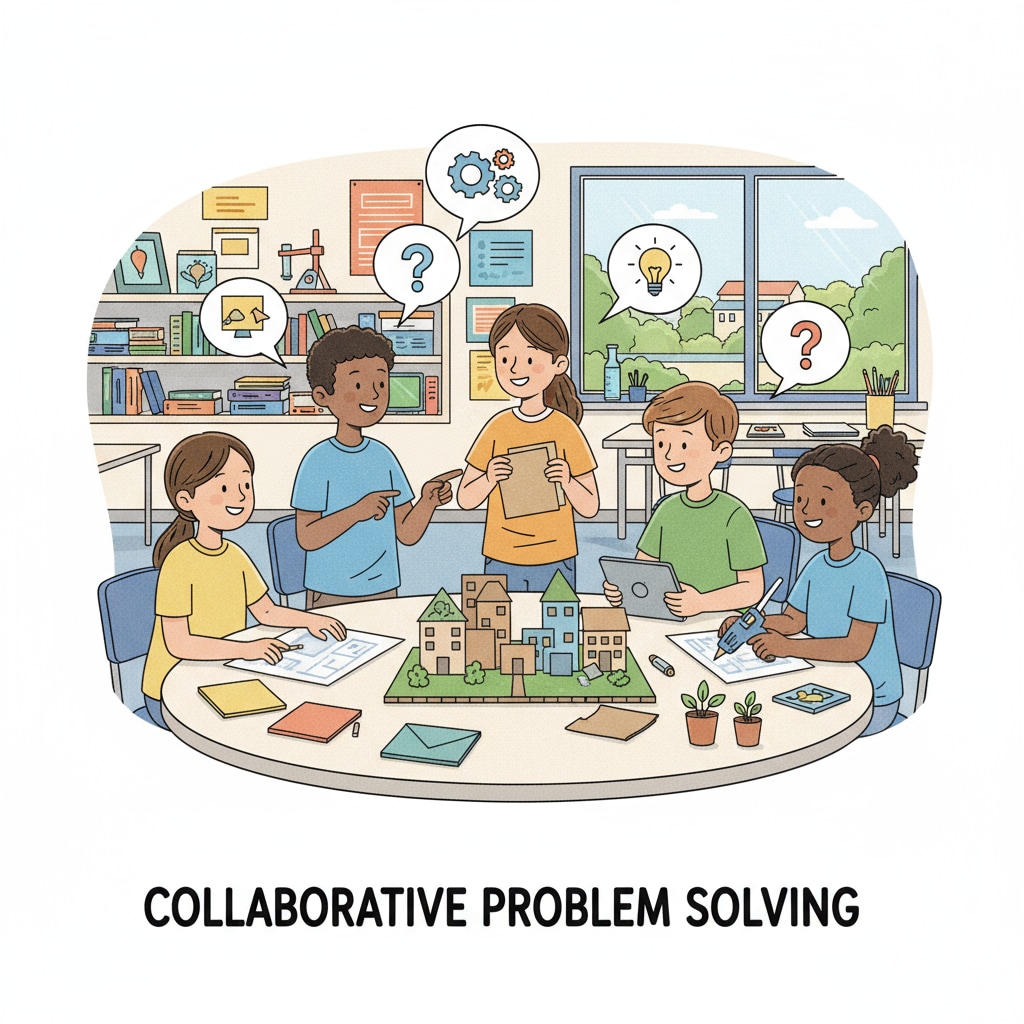 A group of middle school students collaborating on a project, showing teamwork and communication in action. Middle school students collaborating on a project for workplace readiness soft skills development