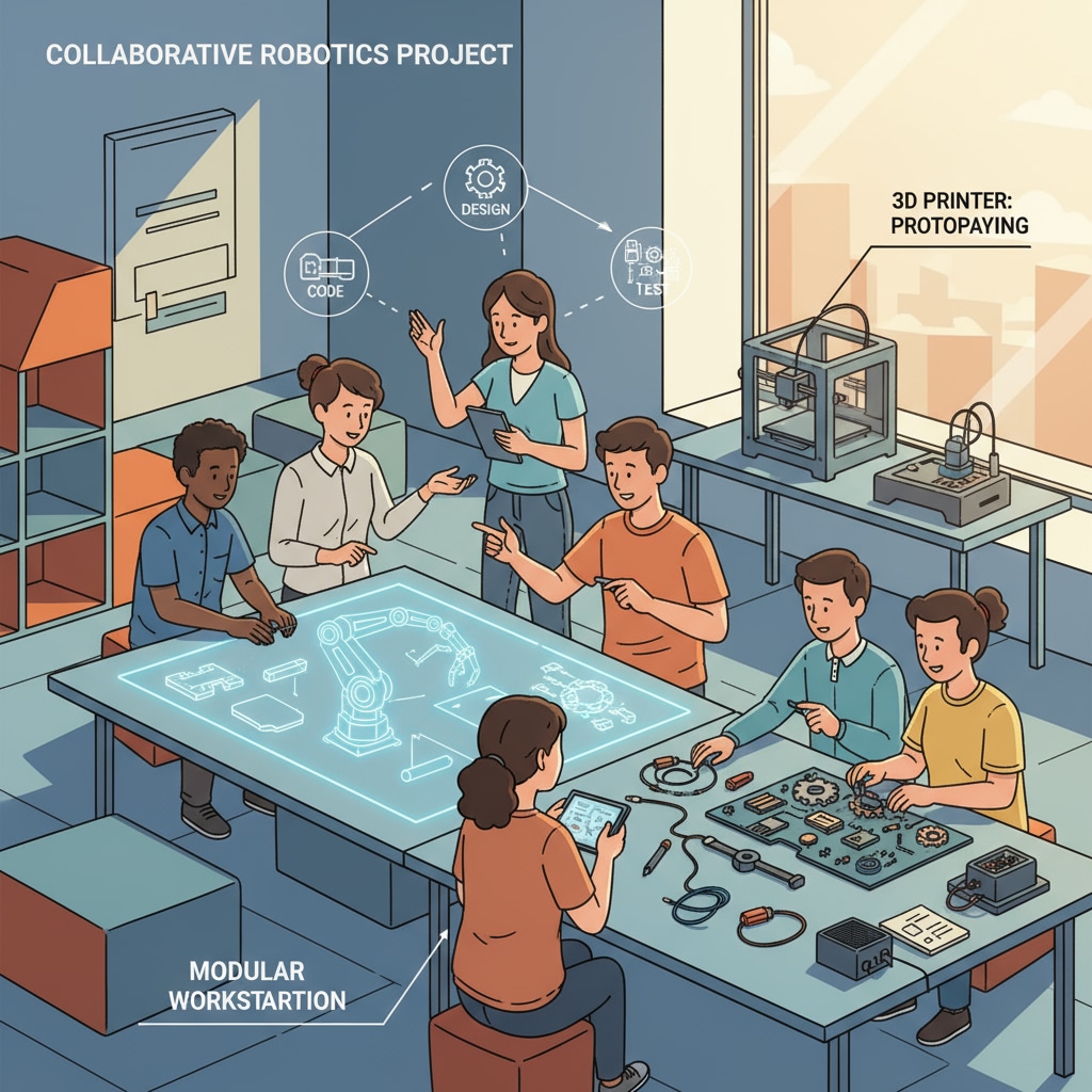 Students are working together on an engineering project in a modern, non-traditional learning space. High school students exploring engineering through alternative education