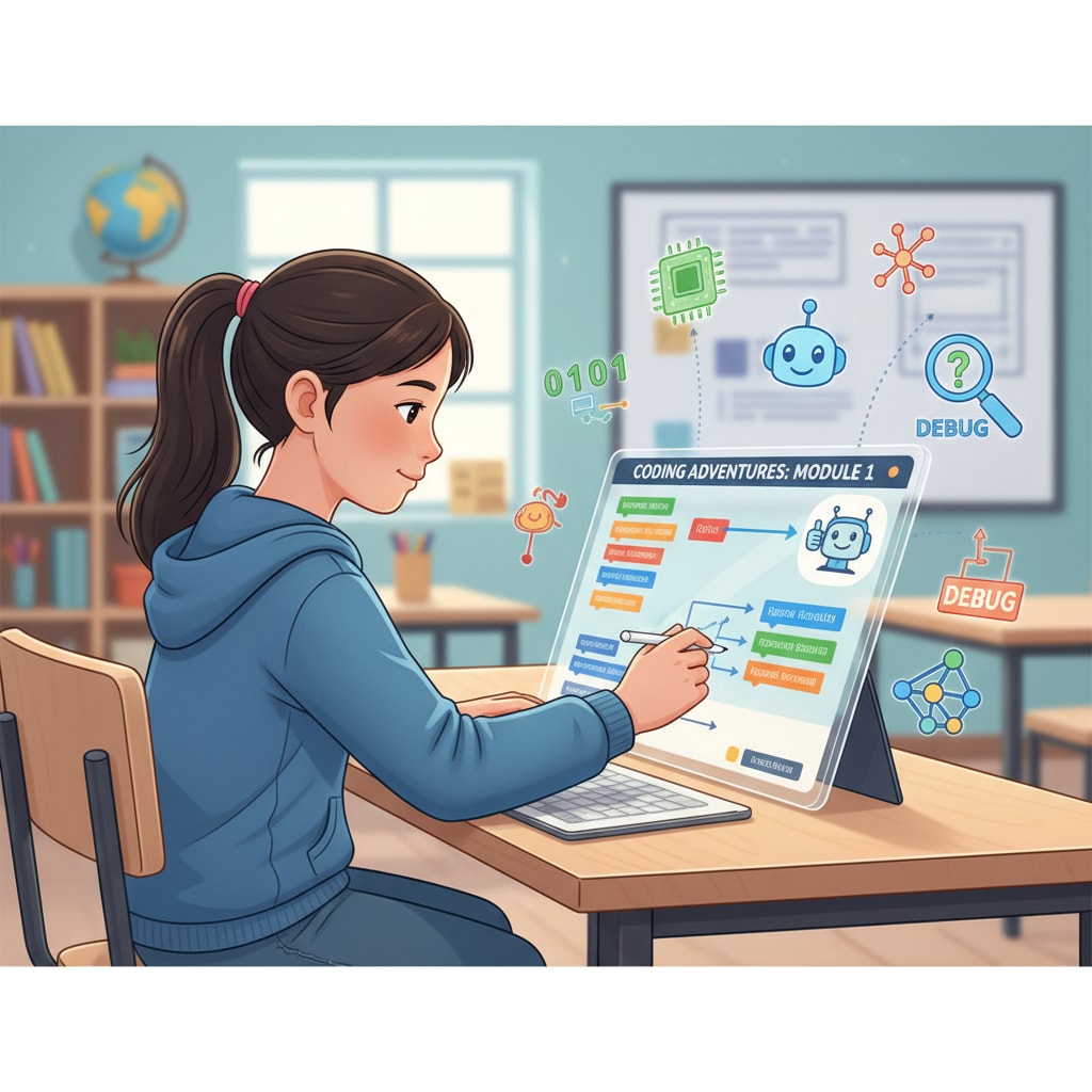 A young student is sitting at a desk, studying computer science concepts on an online learning platform. Student engaged in computer science learning on an alternative platform