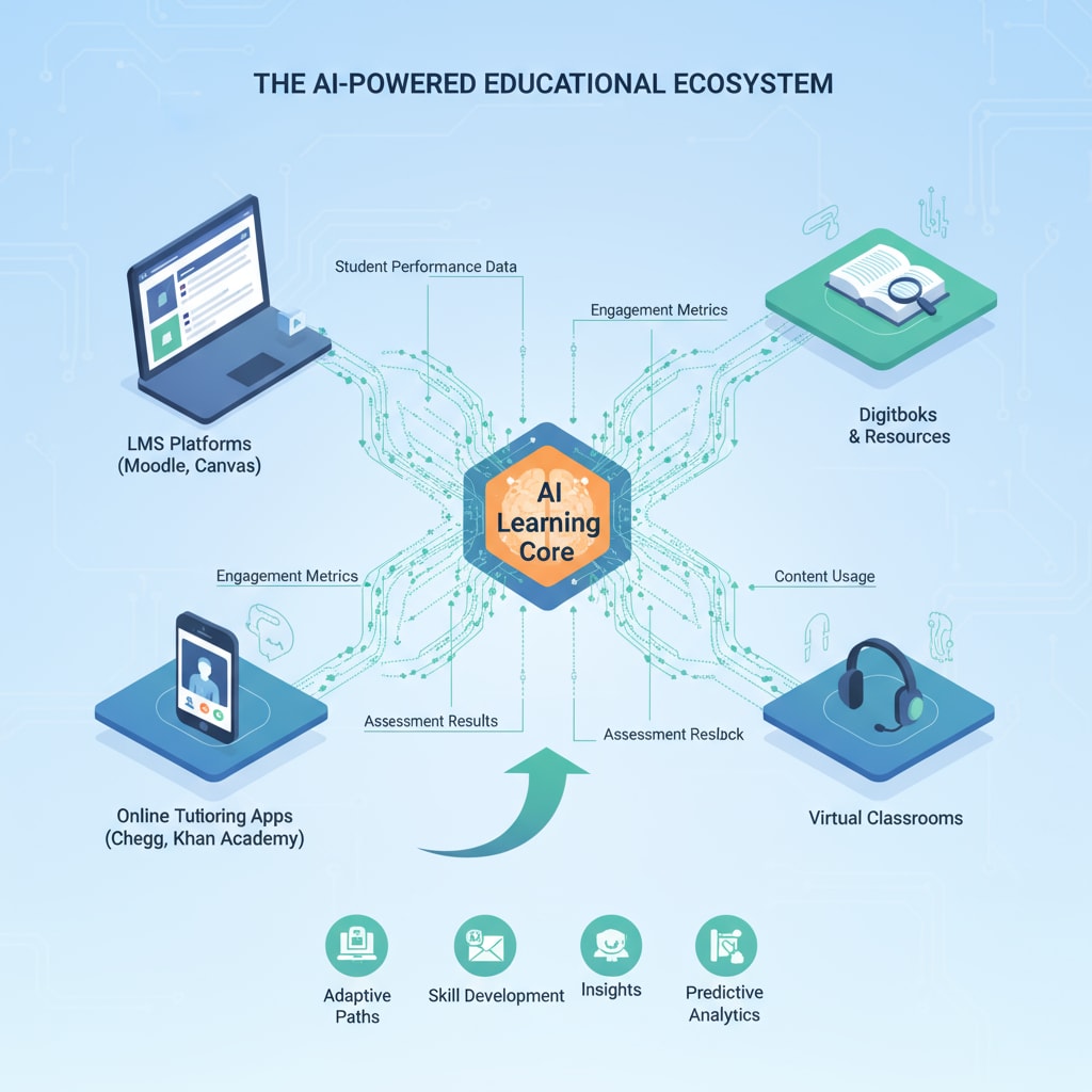 An illustration of multiple education platforms sending data to an AI learning center for integration related to student mastery.