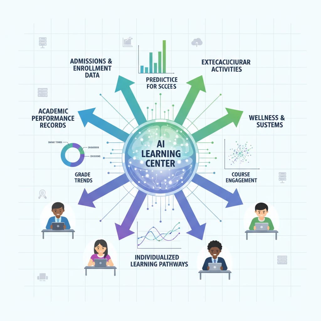 A visual representation of an AI learning center analyzing and presenting integrated student data for better understanding of student mastery.