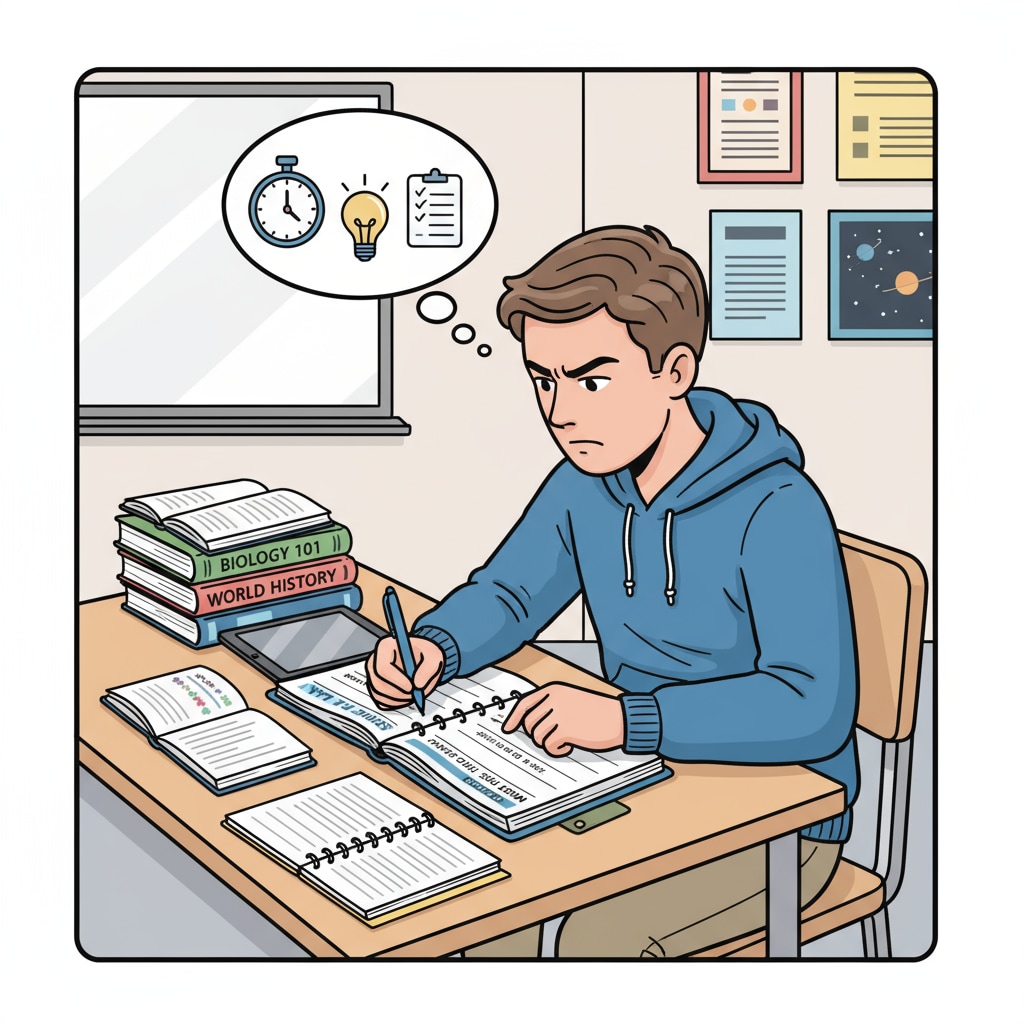 A K12 student preparing for exams by looking at study materials and a plan, related to exam preparation methods, test readiness, and academic success