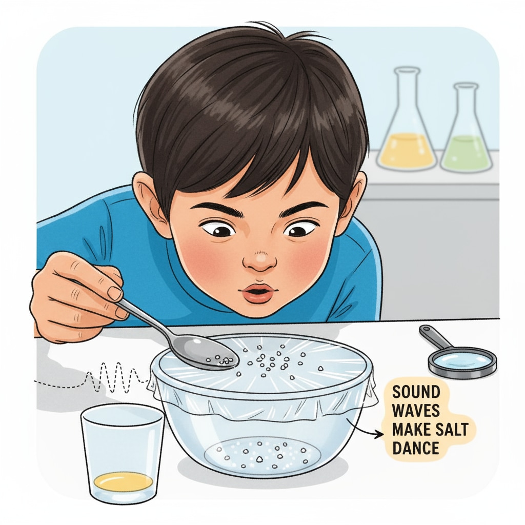 A child conducting a science experiment on sound waves using salt and plastic wrap, related to children's experiments and scientific methods