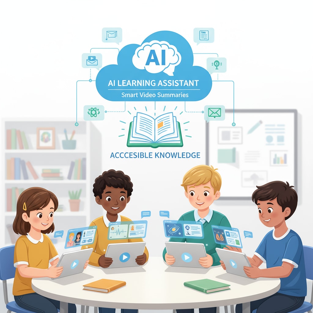 An illustration showing students of different ages using tablets with AI-generated video summaries for learning, highlighting the use of AI in making learning more accessible. AI-assisted video learning for students with different ages and learning abilities