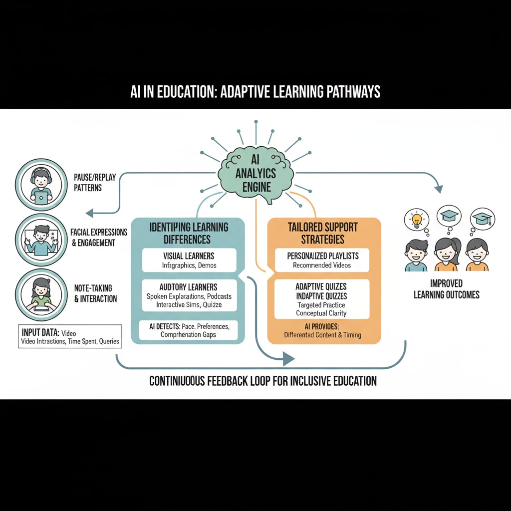 A diagram presenting how AI analyzes students' video learning behaviors and offers tailored support, emphasizing the role of AI in addressing learning differences. AI analyzing students' video learning behaviors to provide personalized support