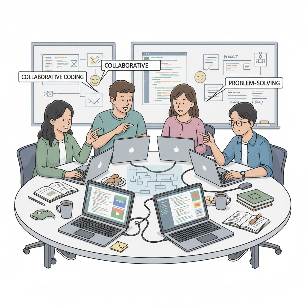 A group of students collaborating on a software project with laptops showing coding interfaces. This depicts the practical aspect of software engineering education. Students collaborating on a software project related to software engineering certifications, resume enhancement, and IBM AI Certificate