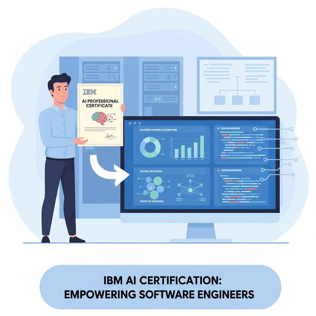 A person holding an IBM AI Certificate with a computer screen showing AI-related data analytics. This showcases the significance of the IBM AI Certificate in the field of software engineering. Person holding an IBM AI Certificate relevant to software engineering certifications, resume enhancement, and IBM AI Certificate