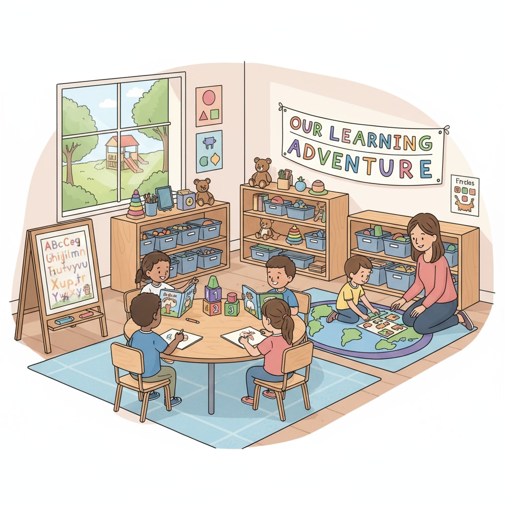 Children in a private preschool classroom, engaged in various learning activities Children in a private preschool setting, showing different educational choices