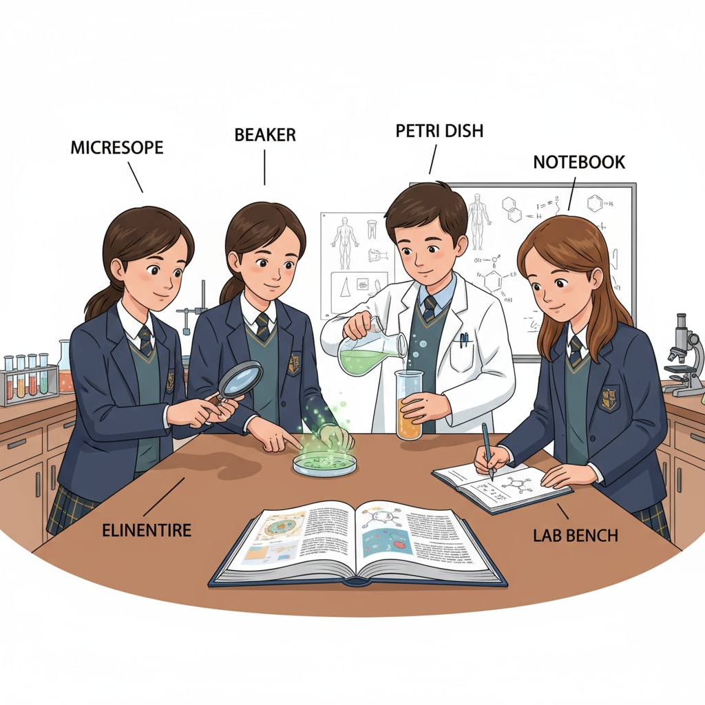 A group of middle school students in a private school, participating in a science experiment Middle school students in a private school, demonstrating educational activities