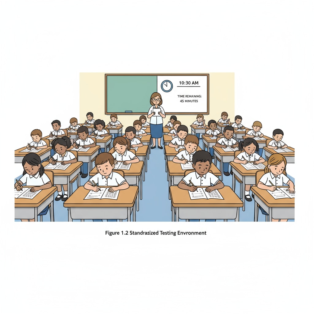 Students taking a standardized test in the context of education accountability, NCLB Act, and school management