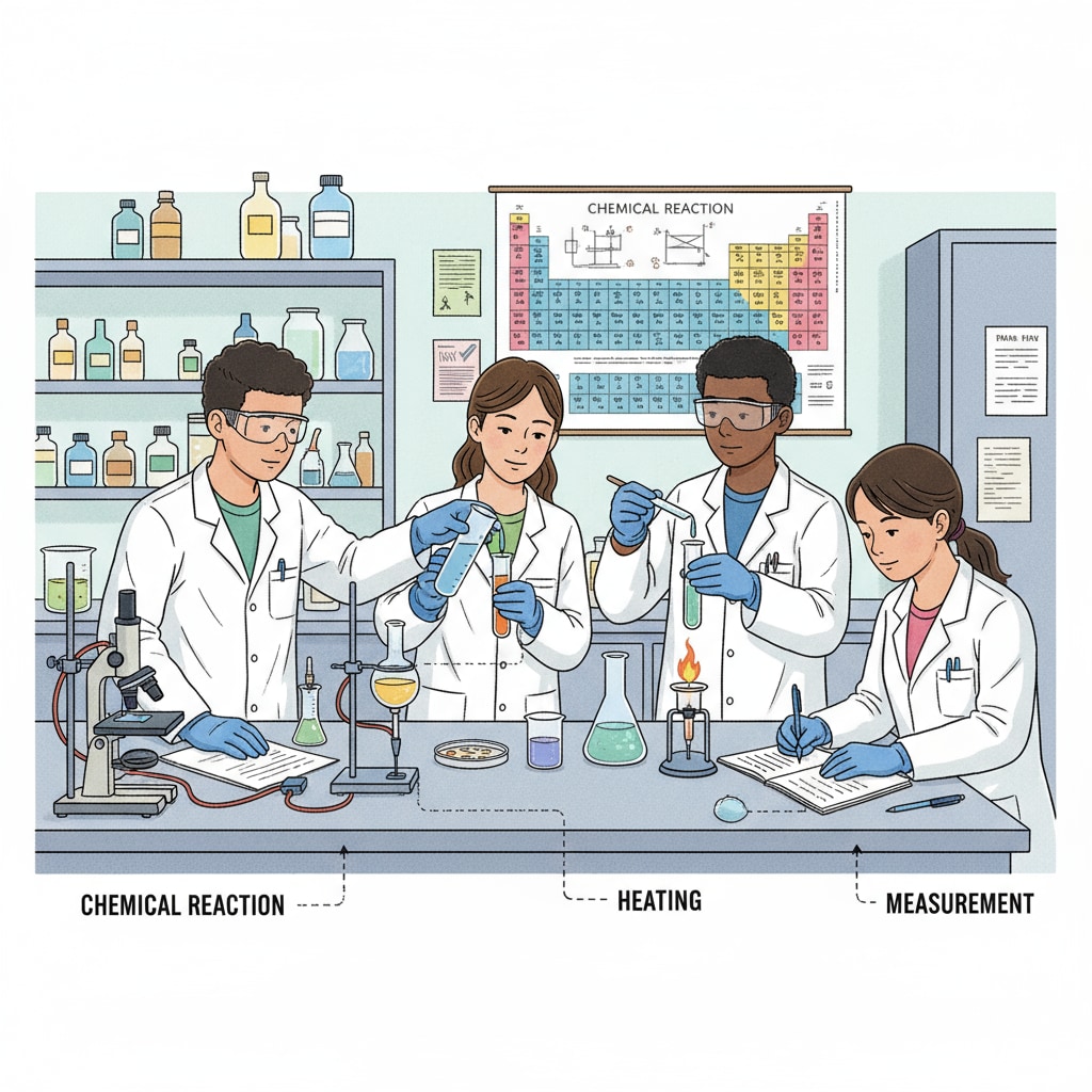 A visual depiction of a group of students actively engaged in a science experiment, vividly demonstrating their hands-on technical skills in a practical setting. Students Demonstrating Technical Skills in a Science Experiment