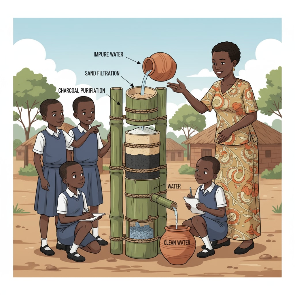 A group of Rwandan children are observing a water filtration setup made from bamboo, sand, and charcoal. They are learning about the process of purifying water using simple and locally available materials. Rwandan children engaged in a water filtration STEM activity with limited materials