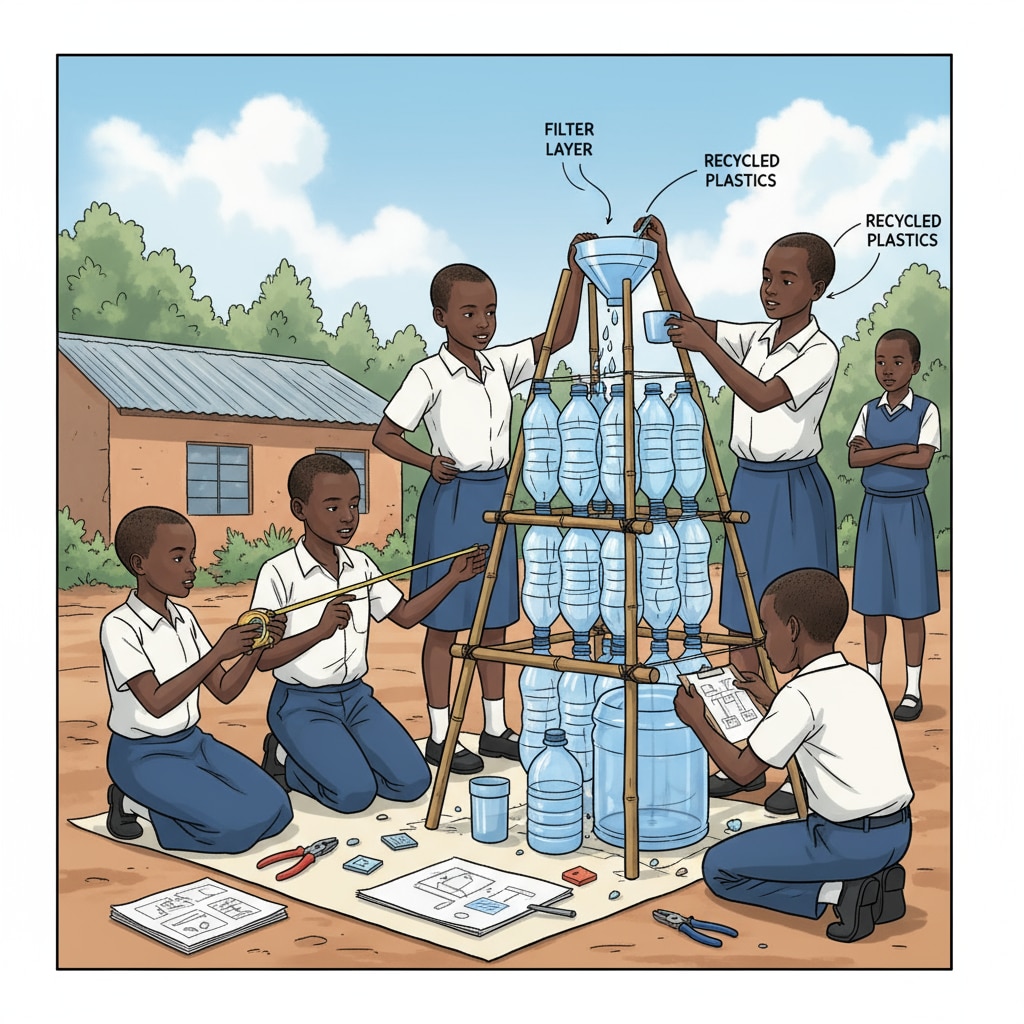 Rwandan children are working together to build a rainwater collector from recycled plastic containers. They are measuring and adjusting the setup to ensure efficient rainwater collection. Rwandan children constructing a rainwater collector as part of a water resources STEM activity with limited materials