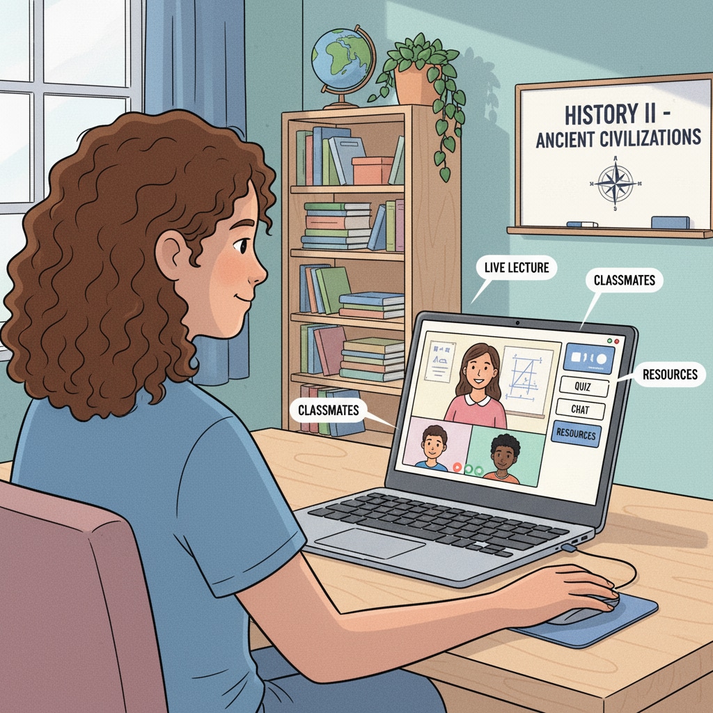 A teen is sitting at a desk, using a laptop to engage in an online high school class. The screen shows educational materials and an interactive interface. An American teen studying online to earn high school credits while overseas