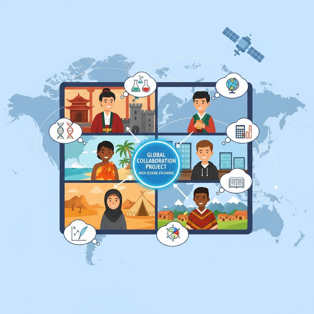 A group of students from different parts of the world are shown collaborating on an online project through video conferencing. They are discussing and sharing ideas related to their high school courses. Overseas American teens collaborating in an online high school environment to earn credits