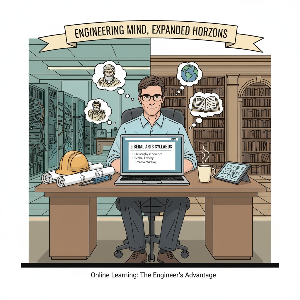 A full-time engineer is sitting at a desk, studying liberal arts courses on a laptop, showing the convenience of online learning for engineers. A full-time engineer studying affordable liberal arts courses on a laptop