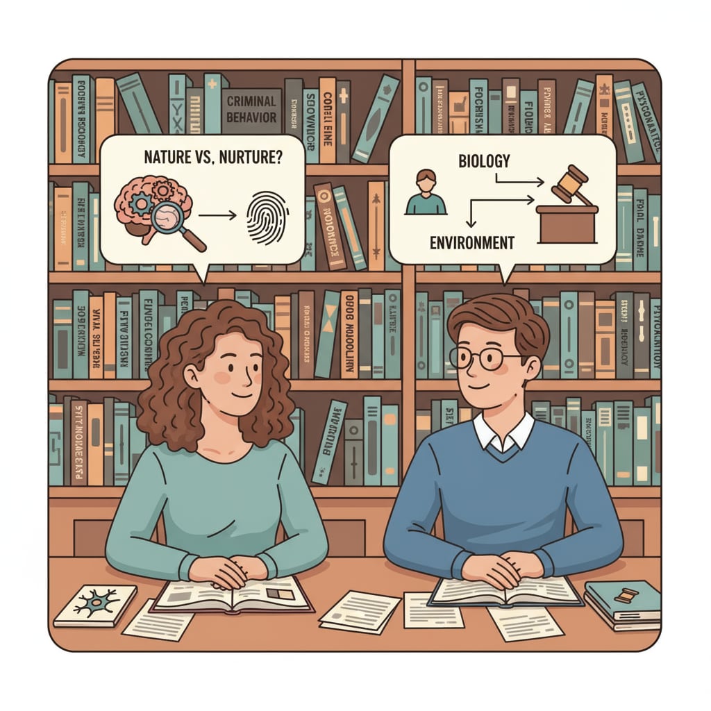 Two students are engaged in a discussion about psychology and criminology concepts in a library setting, surrounded by books related to both fields. Students discussing psychology and criminology in a library
