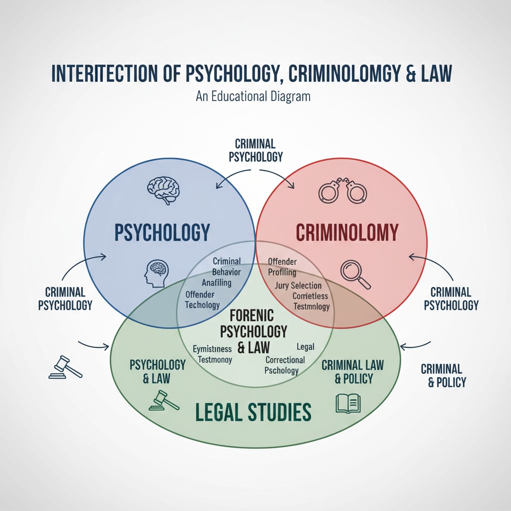 A graph visually represents the overlapping areas of psychology and criminology in the context of legal studies, showing how the two disciplines intersect. Graph showing intersection of psychology and criminology in legal studies