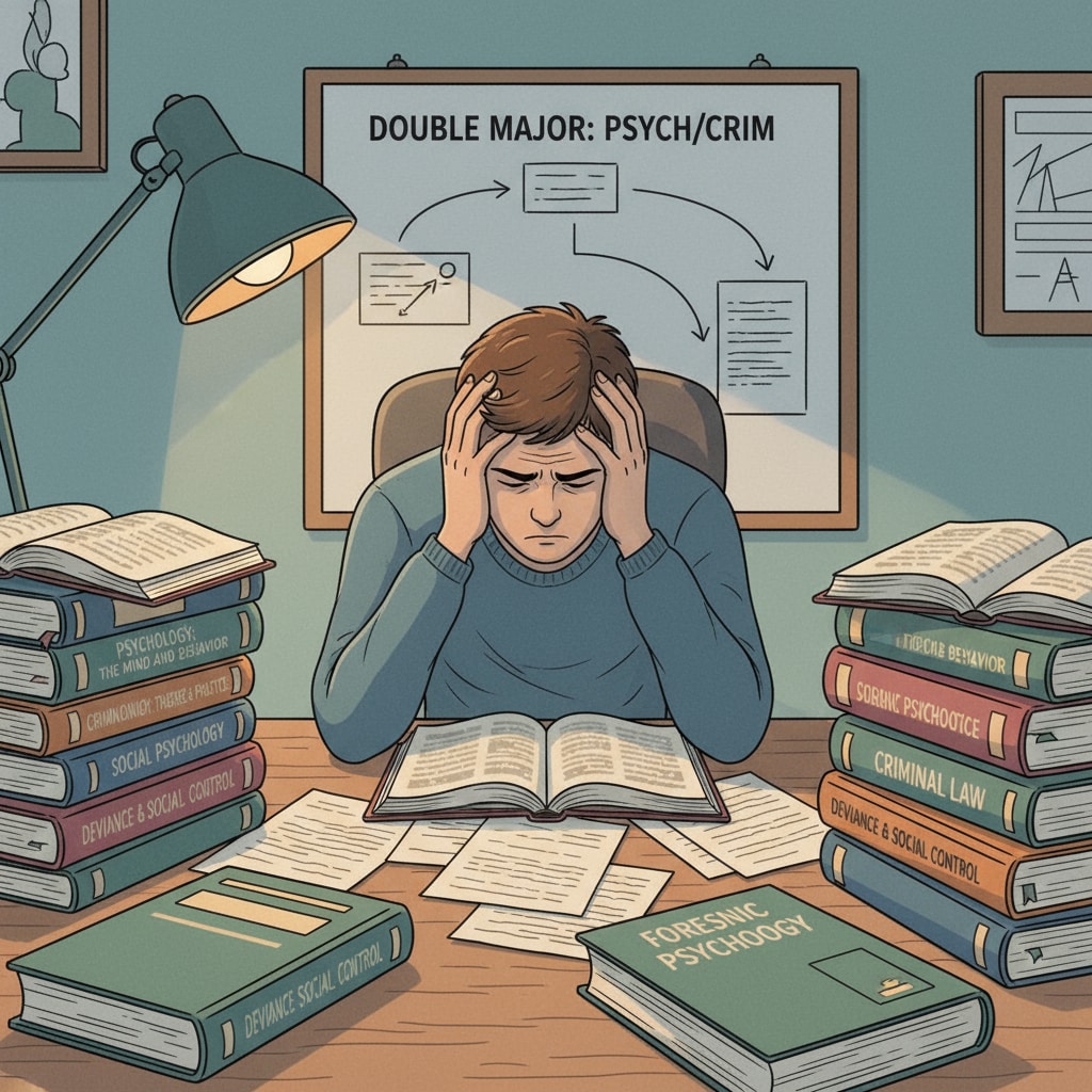 A student appears stressed while sitting at a desk, surrounded by psychology and criminology books, highlighting the pressure associated with pursuing these double degrees. Stressed student studying psychology and criminology books