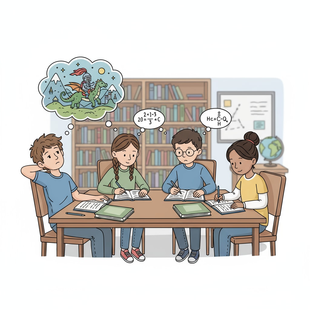 A group of students are sitting at a table. One student seems to be daydreaming while others are focused on their books, representing the distraction that can be associated with ADHD in an academic setting. Adolescents with ADHD in an academic environment, highlighting the need for self-discipline and educational support.