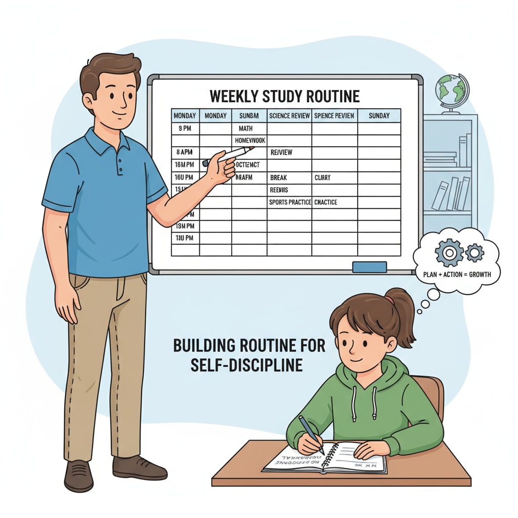 A parent and a student are looking at a study schedule on a whiteboard. The student is taking notes, showing the process of establishing a routine to enhance self-discipline. A student and parent working together to create a study schedule to improve self-discipline for academic success.