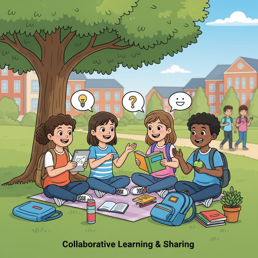 A group of K12 students are engaged in a lively discussion while sharing various items on the campus, with smiles on their faces, showing the positive atmosphere of item sharing. K12 students sharing items on campus for potential extra income through a rental platform