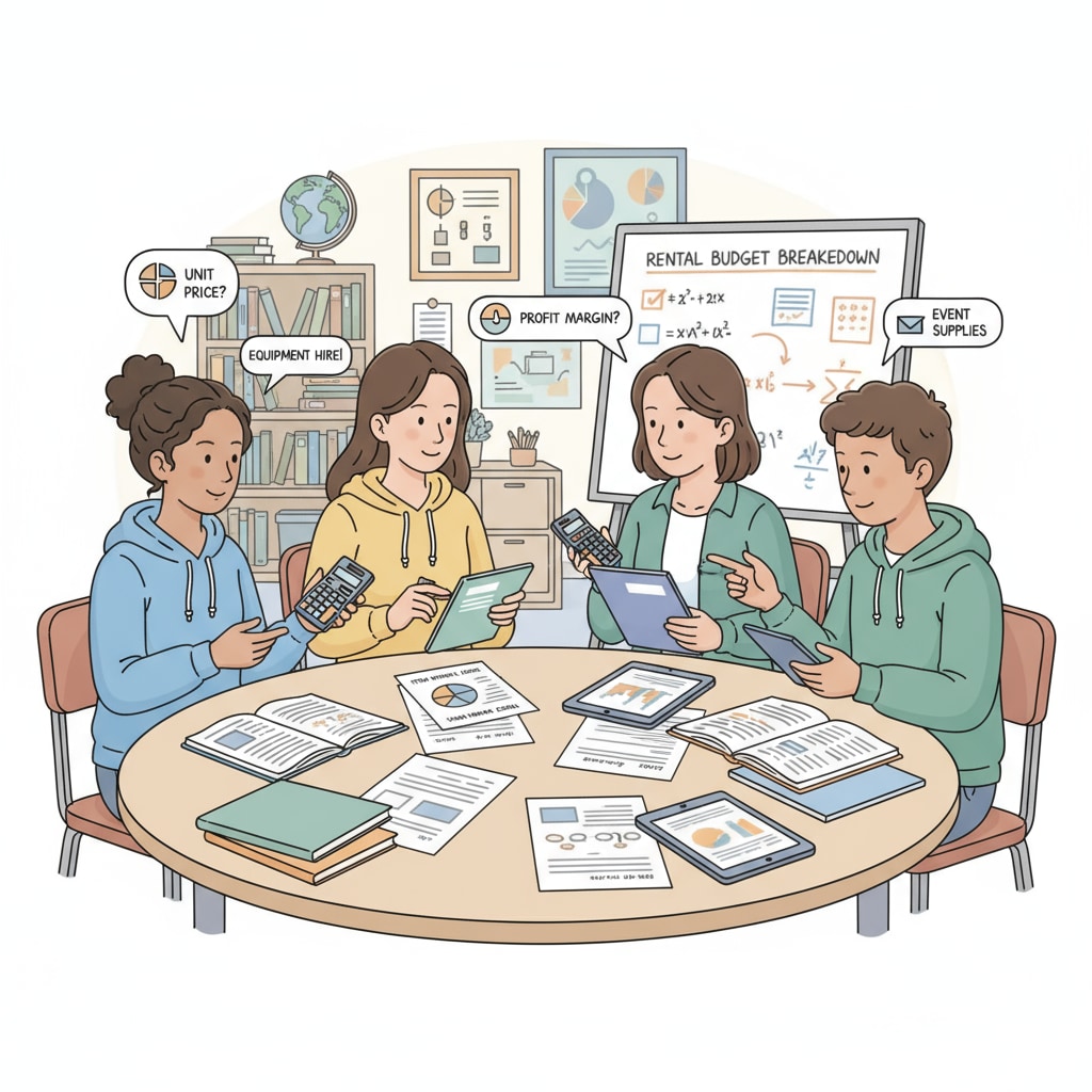 Students are gathered around a table, with calculators and notebooks in hand, calculating budgets related to item rentals and discussing pricing strategies. K12 students calculating budgets and discussing item rentals to gain economic awareness