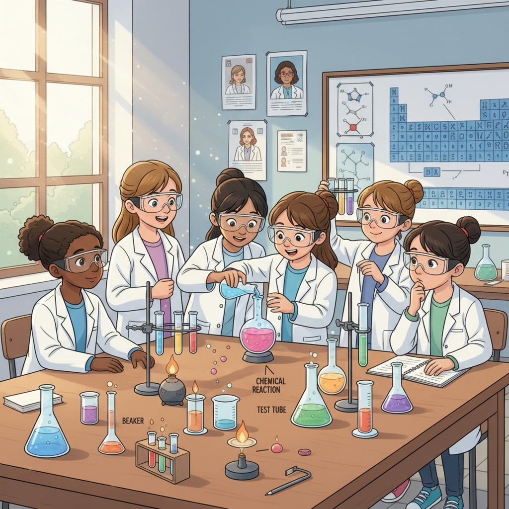 A group of girls are actively engaged in a science experiment, with beakers and test tubes on the table, showing their enthusiasm for STEM. Girls engaged in a STEM experiment highlighting gender differences in STEM education