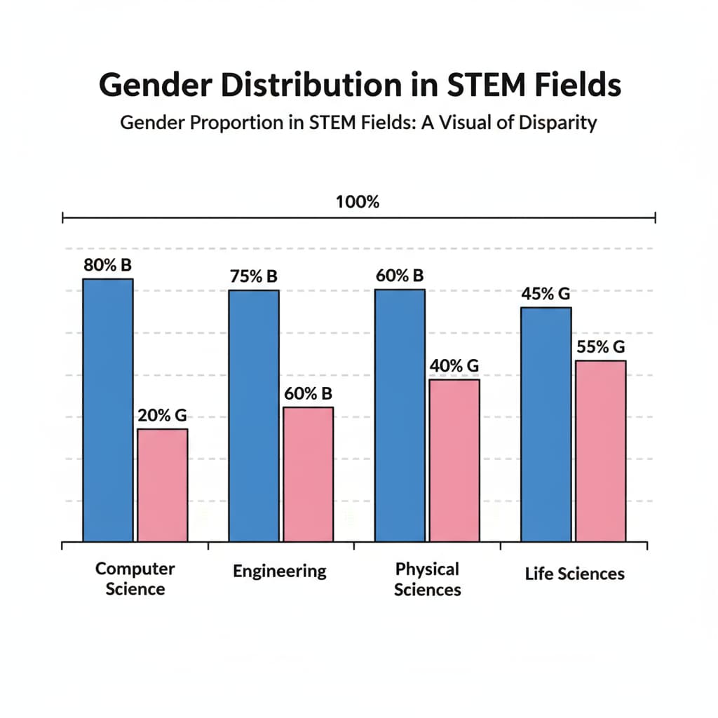 A graph visually presents the proportion of boys and girls in various STEM fields, clearly indicating the gender disparity. Graph showing gender differences in different STEM fields
