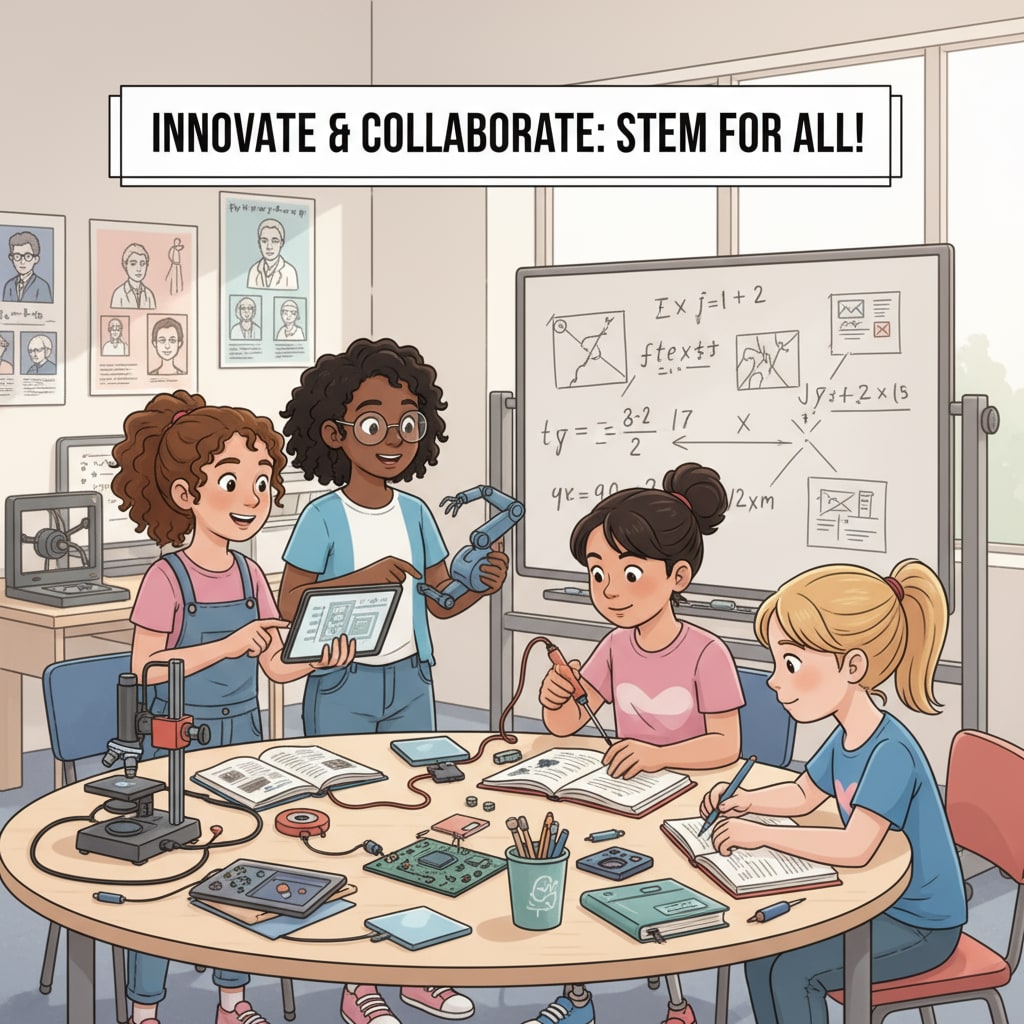 Girls are collaborating on a STEM project, sharing ideas and working together, demonstrating an inclusive learning environment. Girls working together on a STEM project related to gender differences in STEM