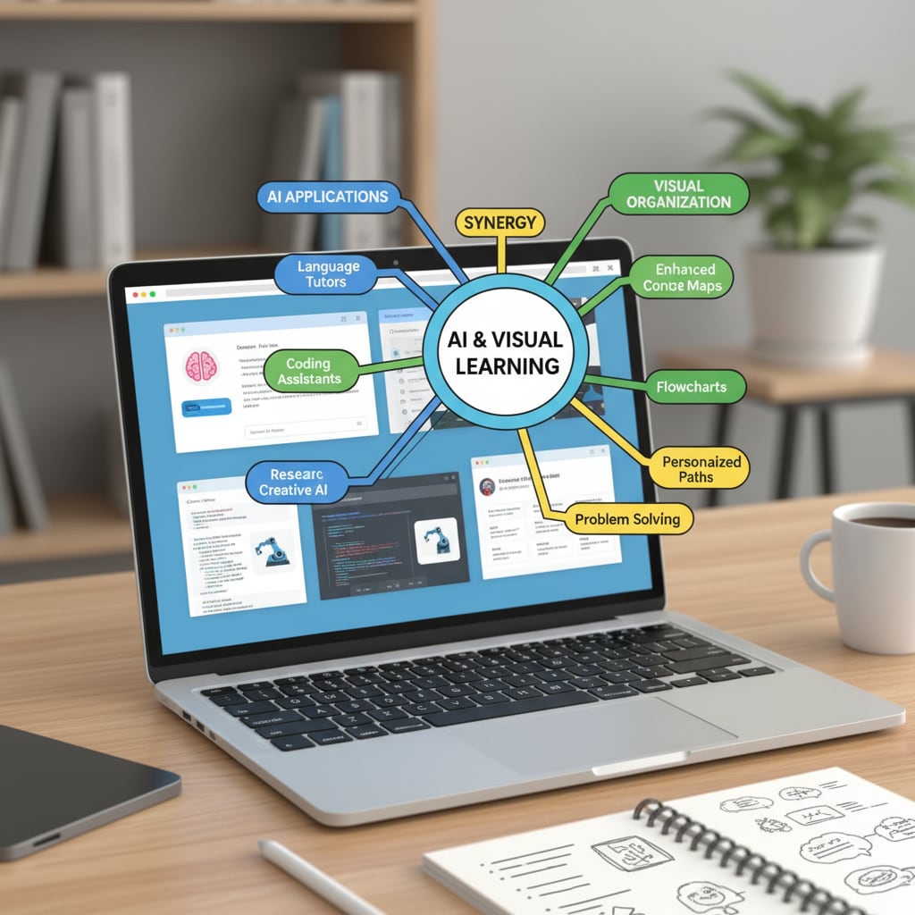 A student is seen using a laptop with various AI learning applications open and a mind map displayed on the screen, highlighting the combination of technology and visual organization in learning. A student using AI learning tools and mind maps for efficient study