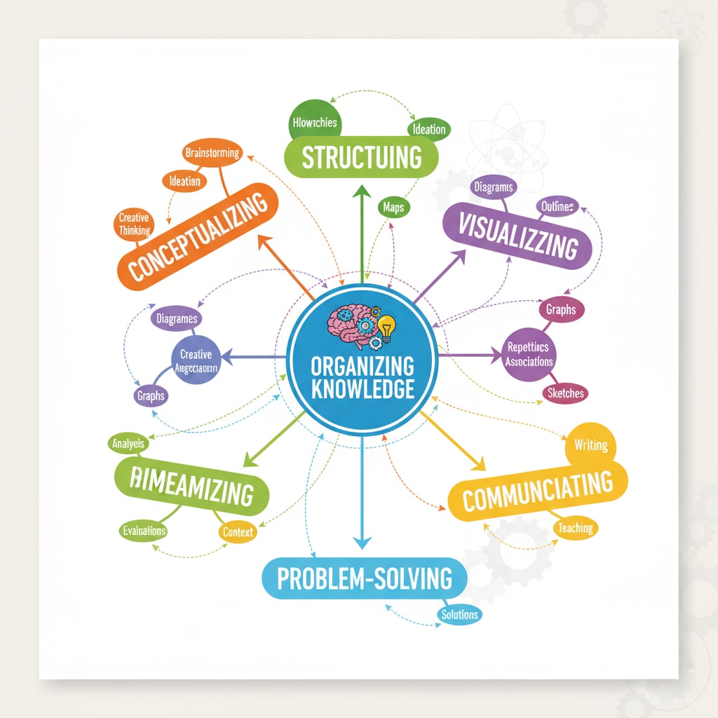 A colorful and detailed mind map showing the connection between different knowledge points, representing how ideas are organized for better understanding. A mind map for organizing knowledge in an efficient learning process
