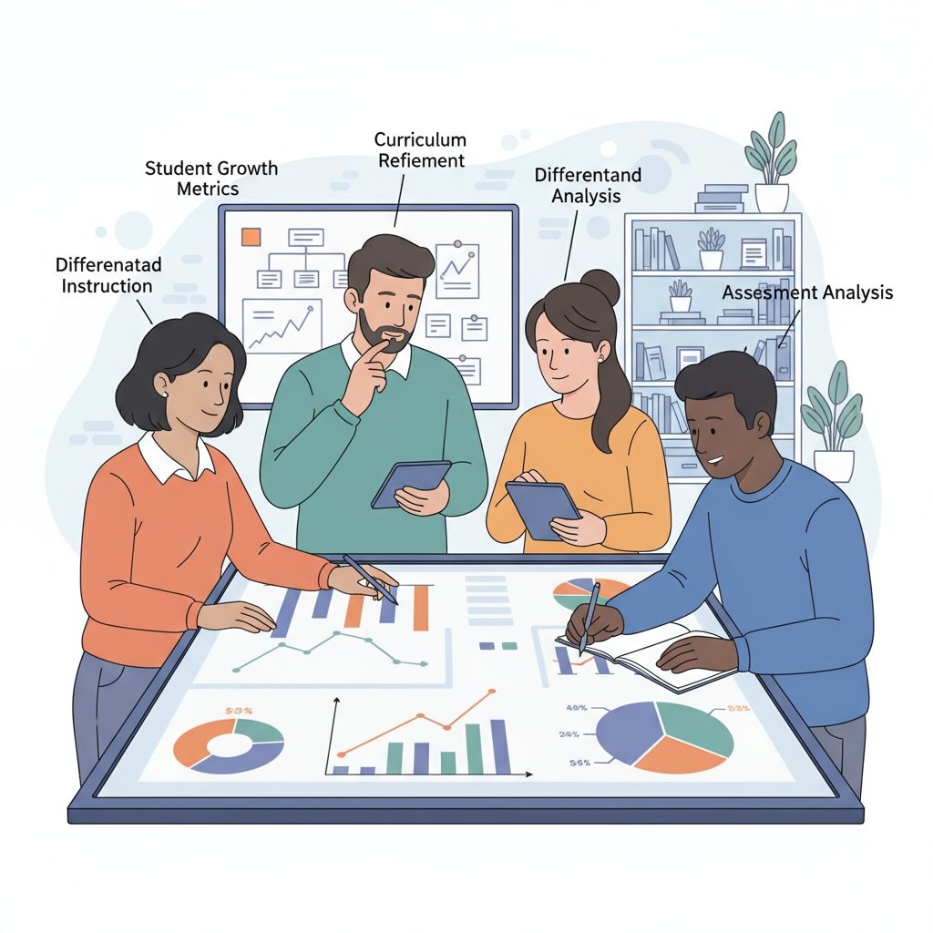 Illustration of educators using educational data analysis for teaching strategies in a master's program context