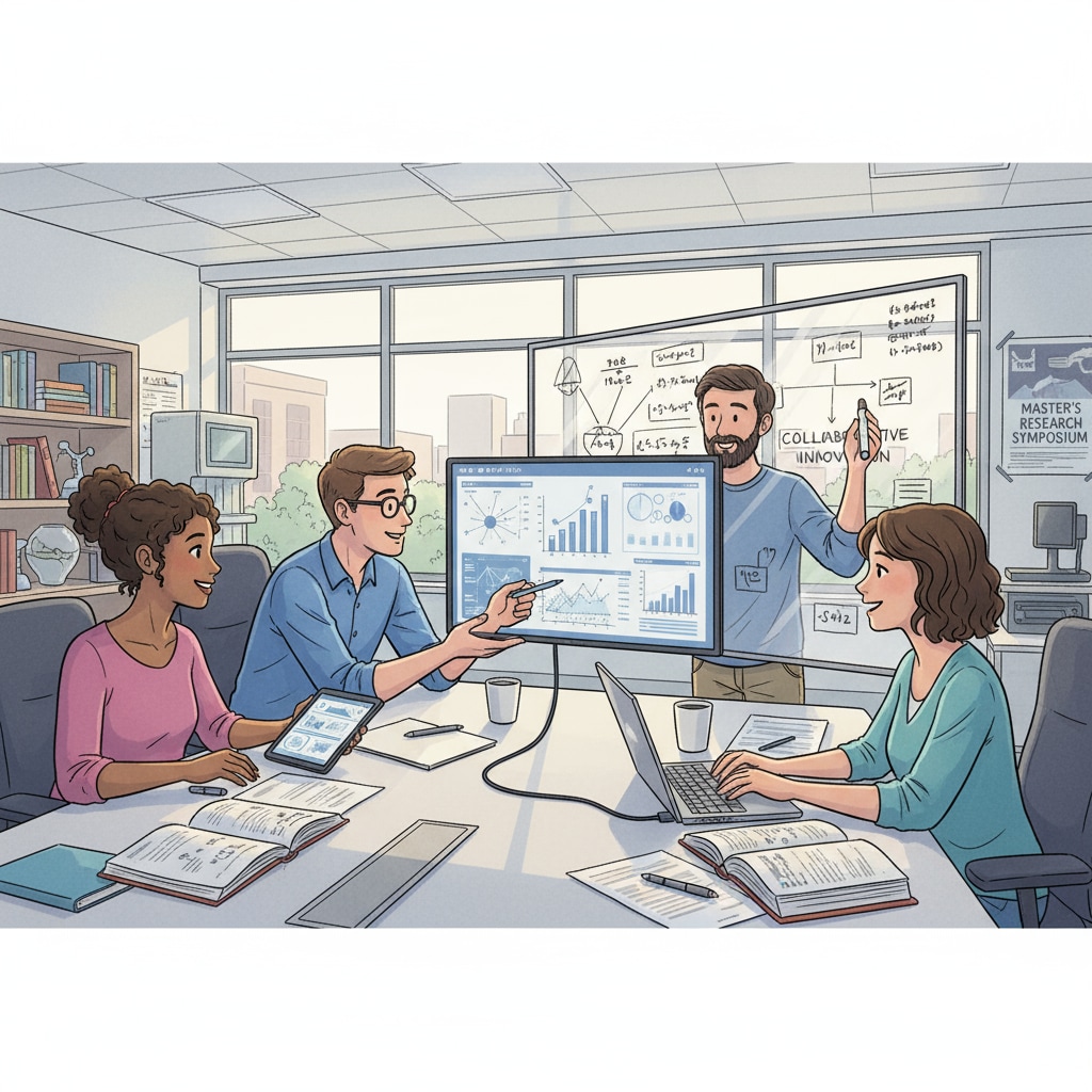 Students collaborating on an educational data analysis project as part of a master's program related to teaching strategies