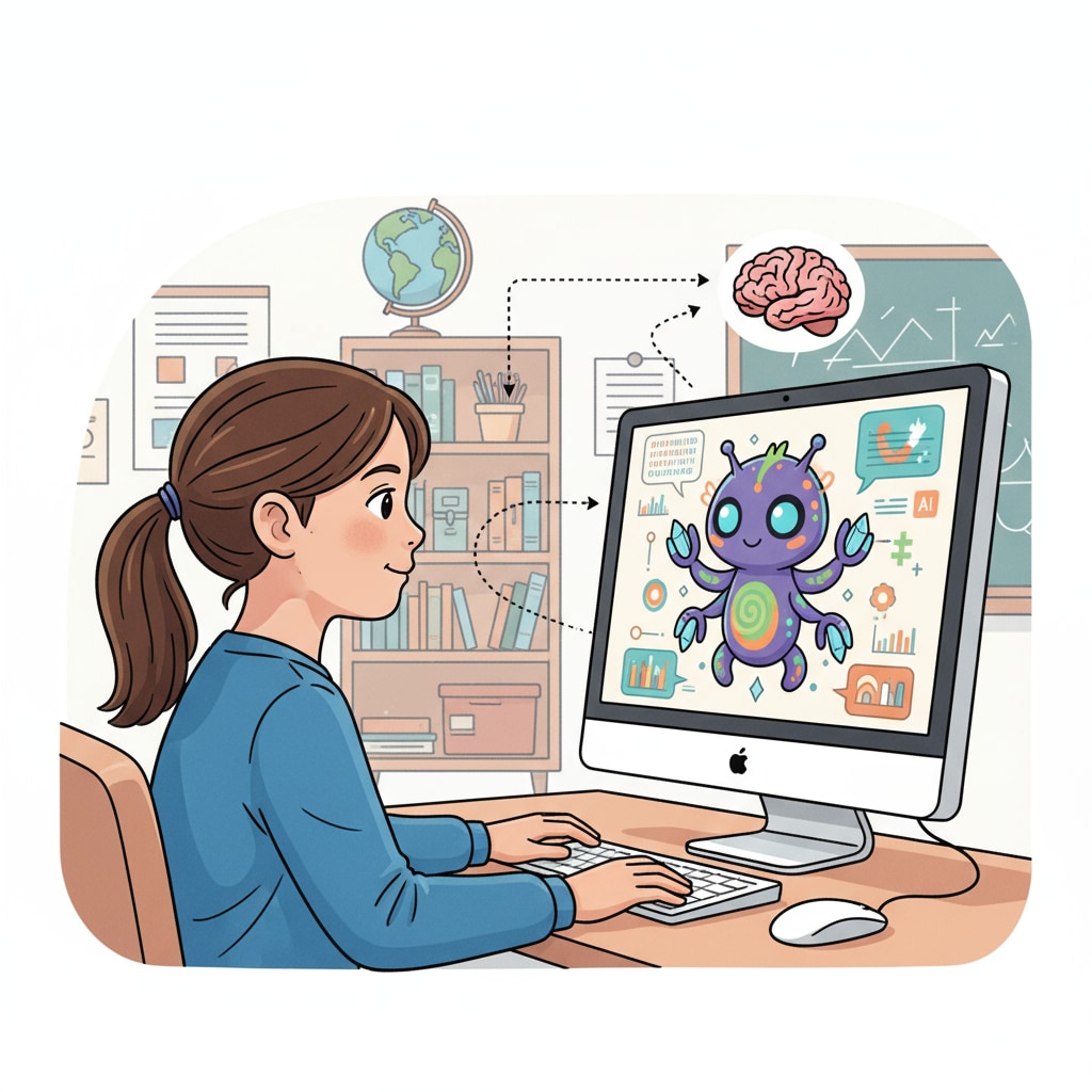 A young girl is sitting in front of a computer, her eyes fixed on an AI-generated avatar displayed on the screen. The avatar has bright colors and unique features, captivating the girl's attention. A girl exploring an AI avatar on a computer, highlighting child's technological exploration with AI avatars.